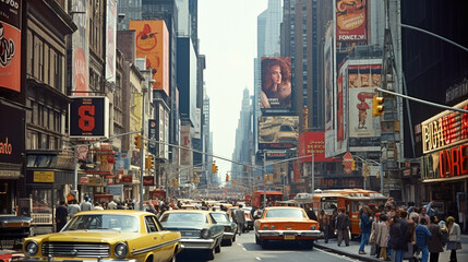 Vintage retro city with skyscraper vehicles and pedestrian with advertising sign board. Generative AI