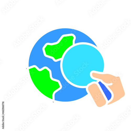 Planet with magnifying glass line icon. Weather forecast, prime time, TV channel, radio, television, reporter, channel. Vector color icon on white background for business and advertising.