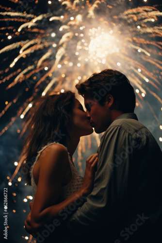  young couple in love kissing under colorful fireworks in the dark night sky on new years eve 4th of July cinematic setting in magazine cover editorial textured film look