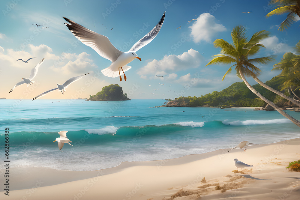 A couple is walking on the beach, several small islands can be seen on the horizon, and seagulls are flying in the sky. A yacht passes by on the sea. Generation AI