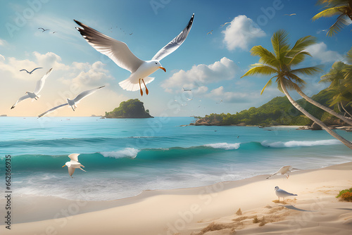 A couple is walking on the beach  several small islands can be seen on the horizon  and seagulls are flying in the sky. A yacht passes by on the sea. Generation AI