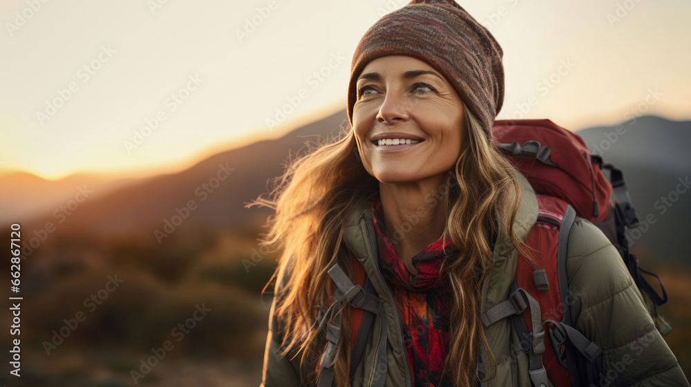Portrait of woman smiling, looking up during hike. Sunset or sunrise.