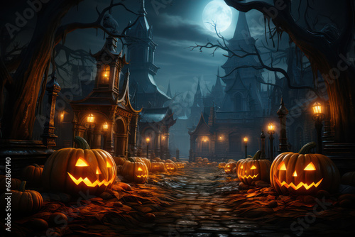 Jack O' Lanterns Glowing In Fantasy Night. Halloween Background. Generative Ai.