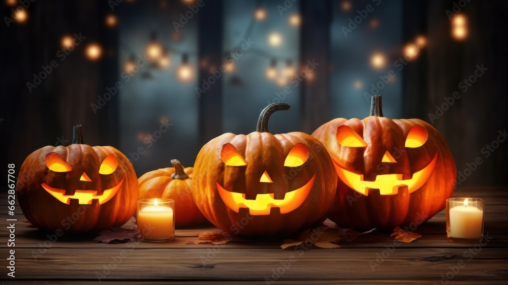 Three jack-o-lanterns creepy pumpkins on a wooden dark table with candles, providing a warm and inviting glow with magic bokeh lights on background, perfect for Halloween greeting cards and banners. Three jack-o-lanterns creepy pumpkins on a wooden dark table with candles, providing a warm and inviting glow with magic bokeh lights on background, perfect for Halloween greeting cards and banners.