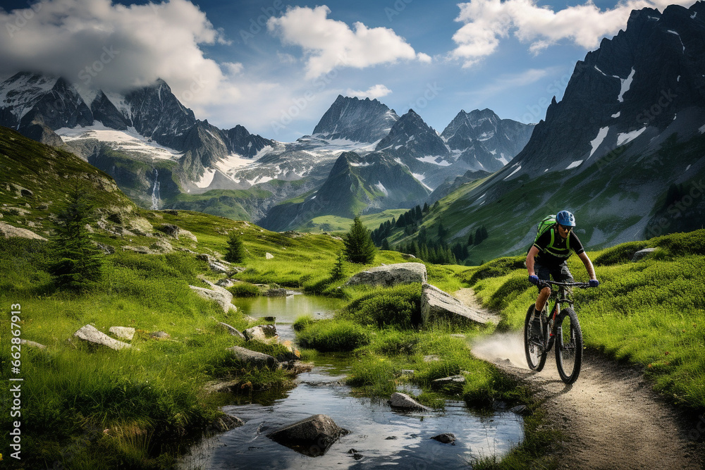 Bicycle ride in the mountains. Bike tour in the Alps. AI generated.