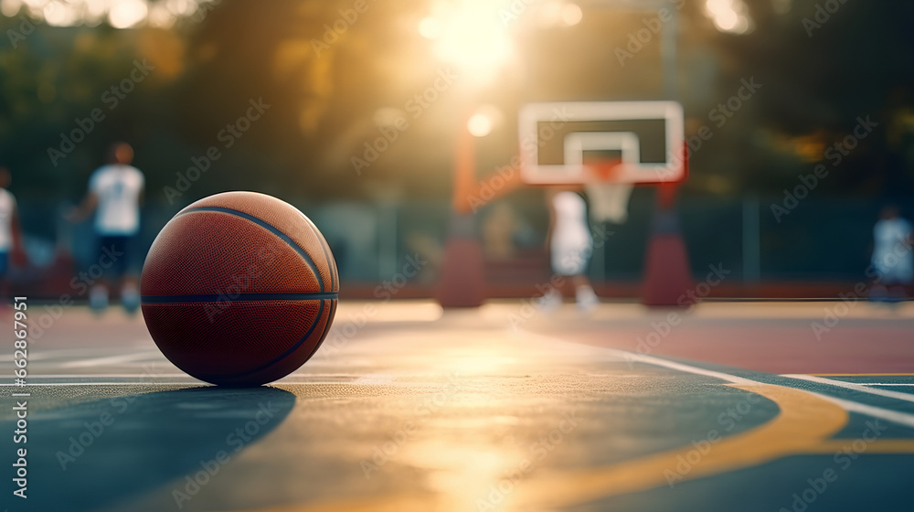 Outdoor basketball court on a sunny day with a ball on the floor. Outdoor basketball court on a sunny day with a ball on the floor.