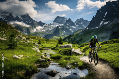 Bicycle ride in the mountains. Bike tour in the Alps. AI generated.