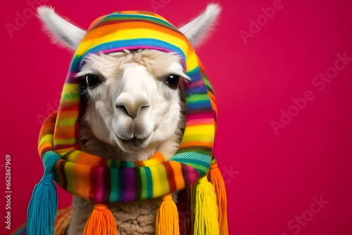 Studio portrait of an alpaca wearing knitted hat, scarf and mittens. Colorful winter and cold weather concept. © Mihai Zaharia