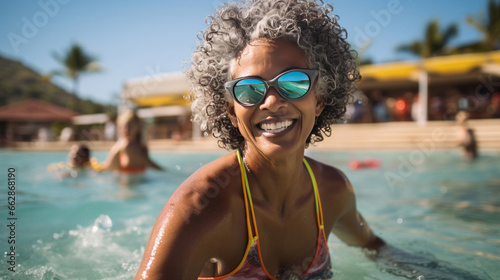Happy senior woman in pool at holiday resort. Vacation concept.