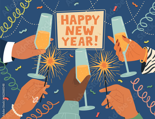 Happy New Year greeting card with human hands holding champagne glasses