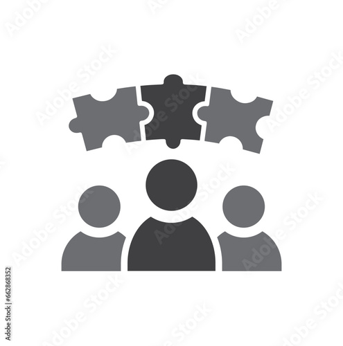 Three people talking with speech bubble in puzzle shape.