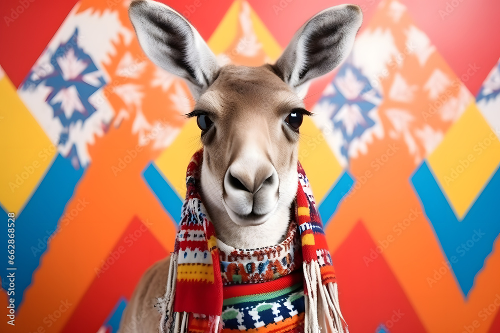 Studio portrait of a kangaroo wearing knitted hat, scarf and mittens. Colorful winter and cold weather concept.