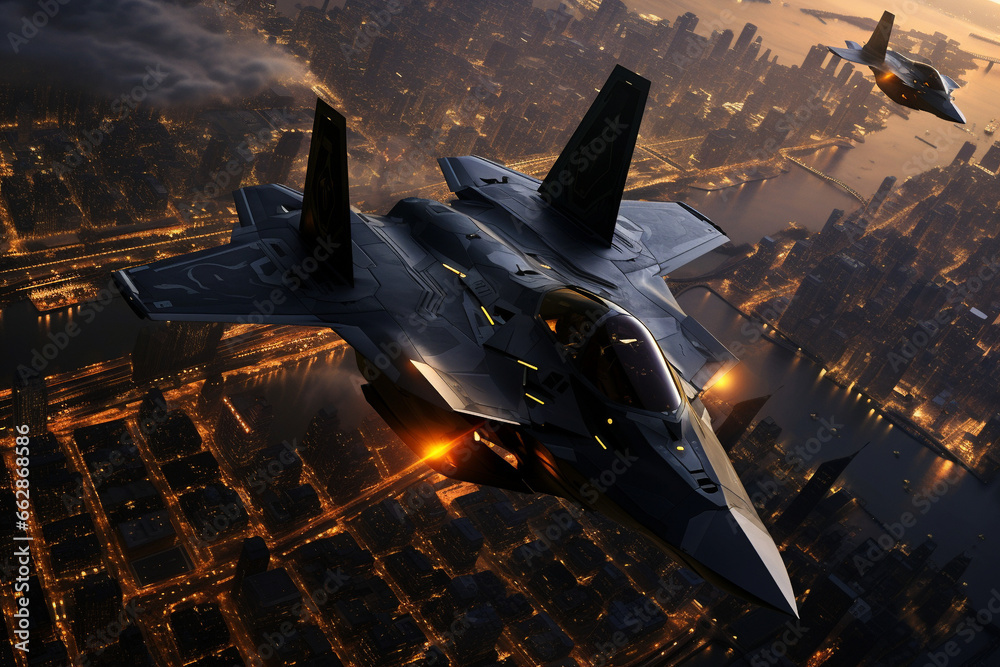 Military aircraft flies over the metropolis. AI generated. - obrazy, fototapety, plakaty 
