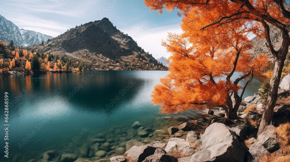 lake in the mountain in autumn Generative AI