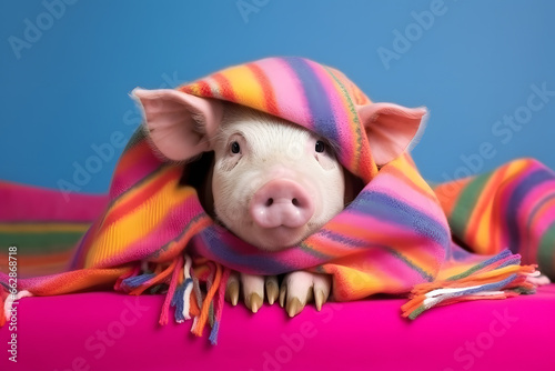 Studio portrait of a pig or piglet wearing knitted hat, scarf and mittens. Colorful winter and cold weather concept.