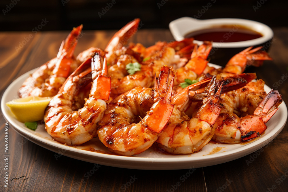 Grilled jumbo king shrimps, seafood restaurant dish with sauce.