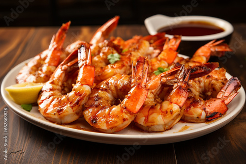 Grilled jumbo king shrimps, seafood restaurant dish with sauce. © serperm73