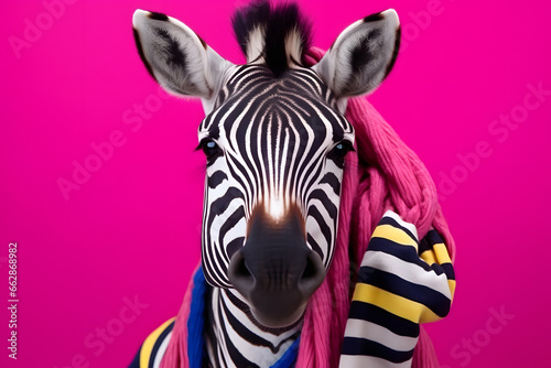 Studio portrait of a zebra wearing knitted hat  scarf and mittens. Colorful winter and cold weather concept.