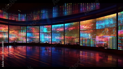 A dynamic visualization of stock price movements and trading volume on a large video wall. AI generated