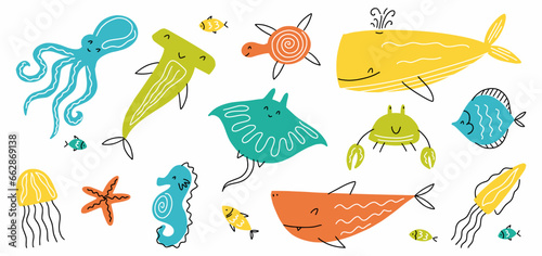 Vector collection of marine life hand-drawn in doodle style