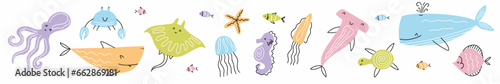 Vector collection of marine life hand-drawn in doodle style