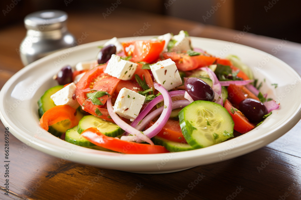 Plate with traditional Greek salad. A dish from a restaurant menu. Plate with traditional Greek salad. A dish from a restaurant menu.