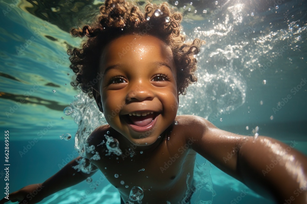  joyful preschool-aged African American boy, happily swimming underwater