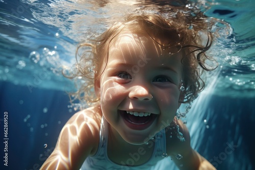 infant, under six months old, joyfully submerged underwater in the pool © Anna