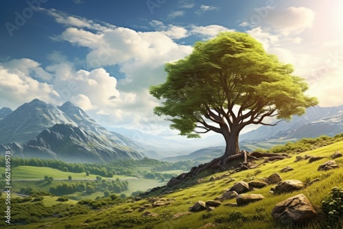 A picture capturing the serene beauty of a lone tree standing on a grassy hill with majestic mountains in the background. This image can be used to depict tranquility and solitude in nature. © Fotograf