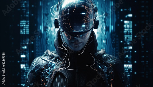 Futuristic cyborg in blue jacket standing outdoors, looking at camera generated by AI
