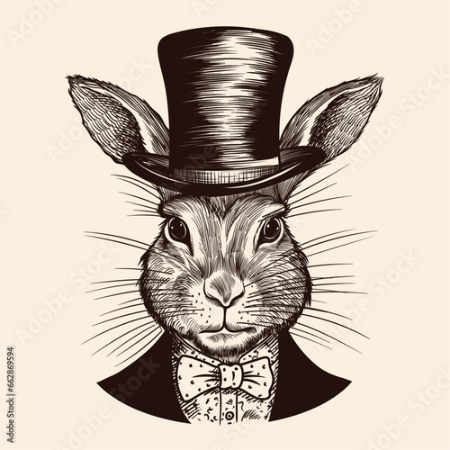 Portrait of a rabbit hare in a suit with a bow tie and a top hat on his head. Drawing stylized as a vintage engraving.