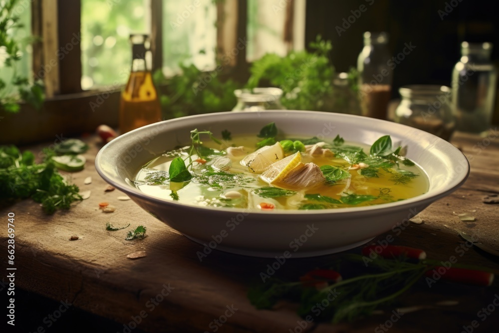 A simple and comforting bowl of soup sitting on top of a rustic wooden table. Perfect for food and restaurant-related designs.
