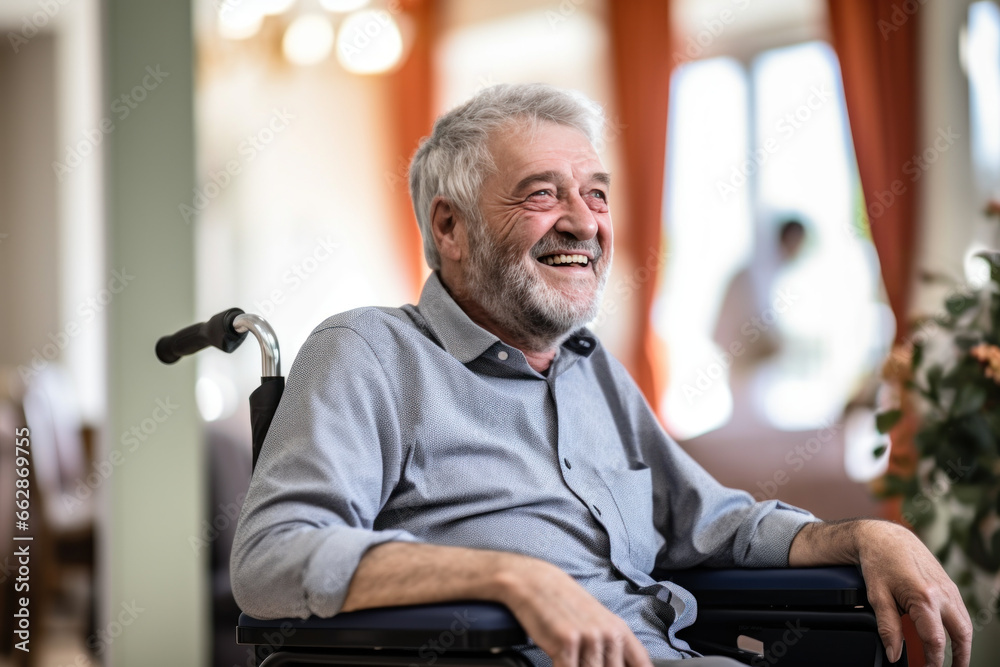 homme âgé aux cheveux blancs assise dans un fauteuil roulant, souriant et heureux - obrazy, fototapety, plakaty 