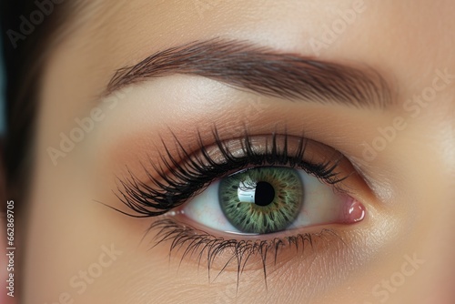 A detailed close-up of a woman's mesmerizing green eye. Perfect for beauty and cosmetic advertisements or any project that requires an intense and captivating gaze.