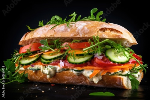 A delicious sandwich made with fresh vegetables and cheese, placed on a sleek black surface. Perfect for food enthusiasts and healthy eating blogs.