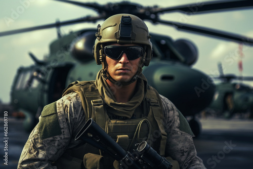 US Army Marine in full uniform and tactical equipment on the deck of a warship, an aircraft carrier. Military helicopter in the background. AI generated. photo