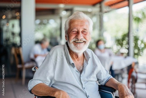homme âgé aux cheveux blancs assise dans un fauteuil roulant, souriant et heureux photo