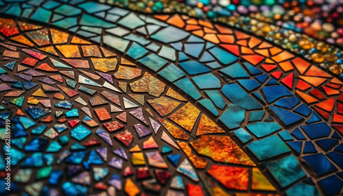 Ornate stained glass window showcases vibrant geometric shapes indoors generated by AI