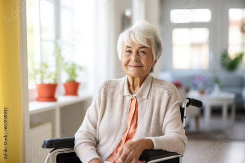 femme âgée aux cheveux blancs assise dans un fauteuil roulant, souriante et heureuse  photo