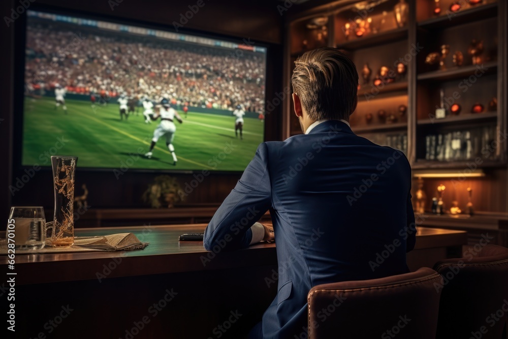 A man sitting at a bar, engrossed in watching a football game on TV. A man sitting at a bar, engrossed in watching a football game on TV.