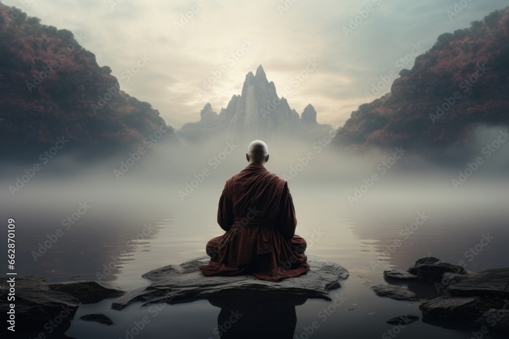 A serene image of a monk sitting on a rock in front of a peaceful body of water. This picture can be used to depict tranquility, meditation, spirituality, or nature. - obrazy, fototapety, plakaty 