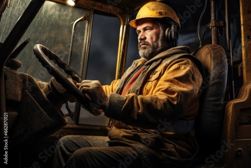 A man wearing a hard hat is sitting at the wheel of a truck. This image can be used to depict transportation, construction, or industrial themes.