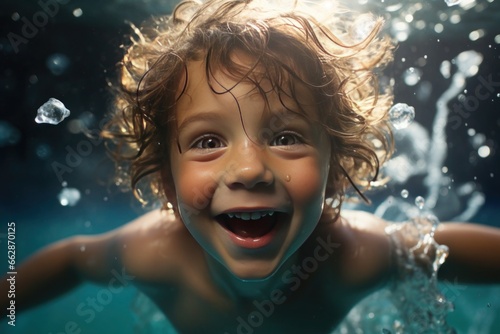 boy of European descent, happily swimming underwater © Anna