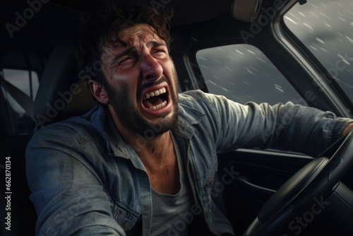 A picture of a man with his mouth open in a car. This image captures the surprise or shock on the man's face. It can be used to depict reactions, emotions, or unexpected situations.