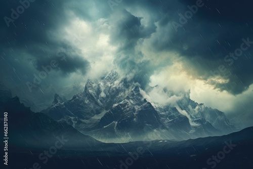 A picture of a mountain covered in snow under a cloudy sky. This image can be used to depict a winter landscape or the beauty of nature in a cold climate.