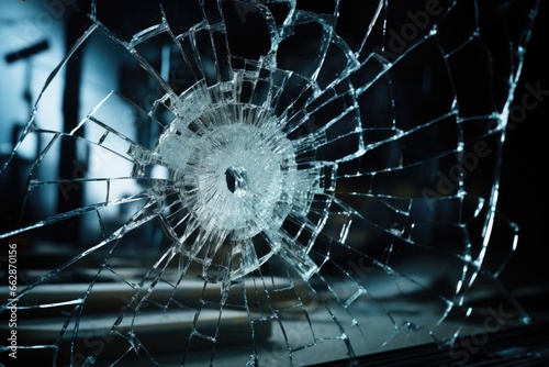 A broken glass window with a hole in it. This image can be used to depict vandalism, break-ins, or accidents involving windows.
