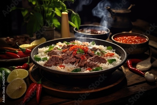 A bowl of rice with meat and vegetables on a table. This versatile image can be used to depict a delicious meal, a healthy diet, or Asian cuisine.
