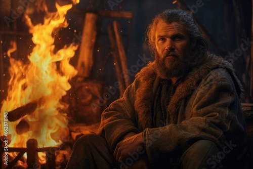 A man with a beard sitting in front of a fire. This image can be used to depict relaxation, warmth, and cozy moments.