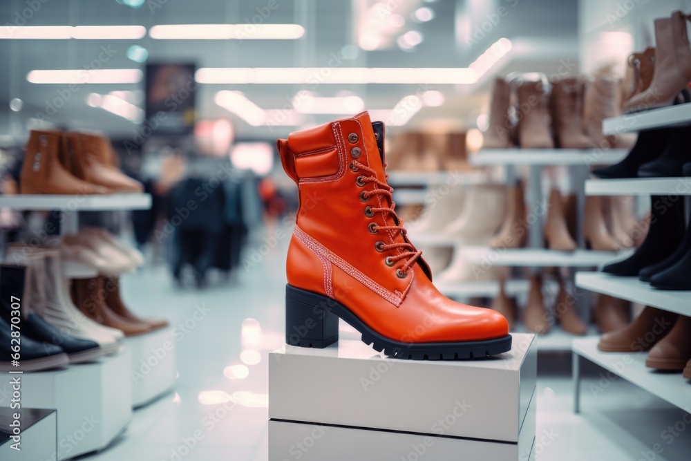 A pair of orange boots sitting on top of a white box. This image can be used to depict fashion, footwear, or a gift concept. A pair of orange boots sitting on top of a white box. This image can be used to depict fashion, footwear, or a gift concept.