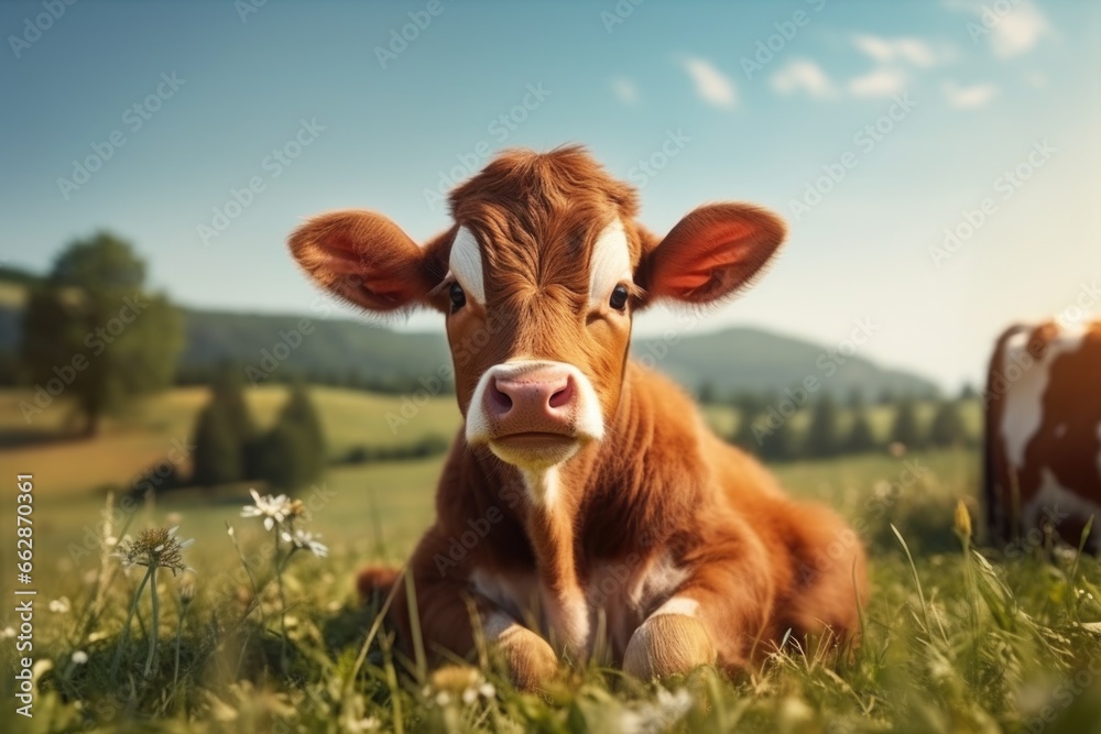 A brown and white cow peacefully resting in a lush green field. Suitable for agricultural and countryside themes